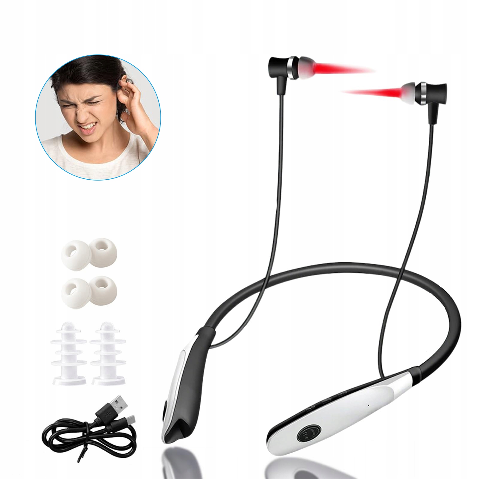 Špunty do uší zmírňující tinnitus, rýmu, červené světlo 650 nm