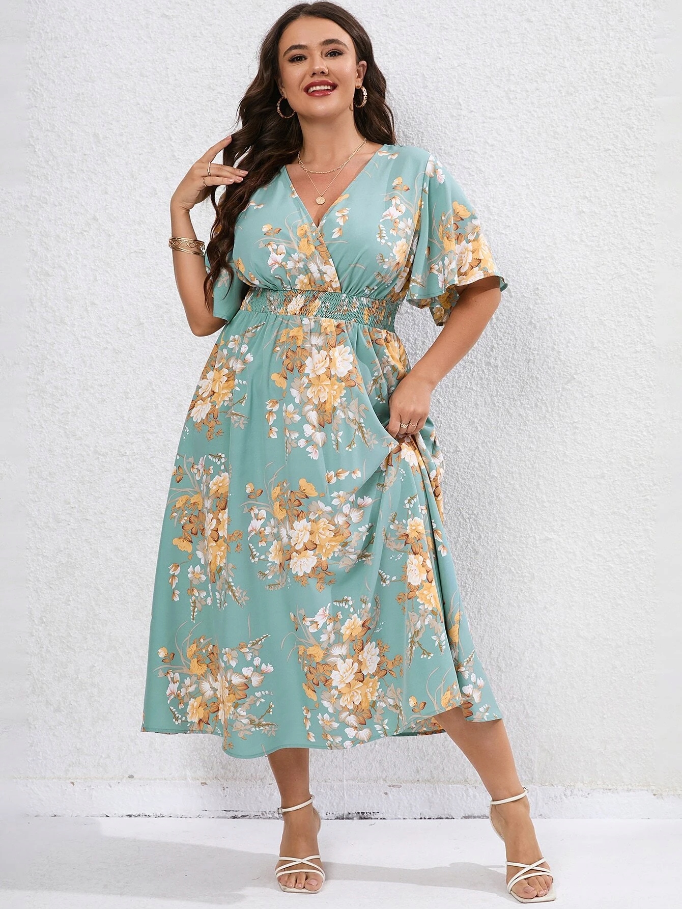 SHEIN MIĘTOWA SUKIENKA A-LINE W KWIATY Z MARSZCZENIEM XL 66603 Rozmiar XL