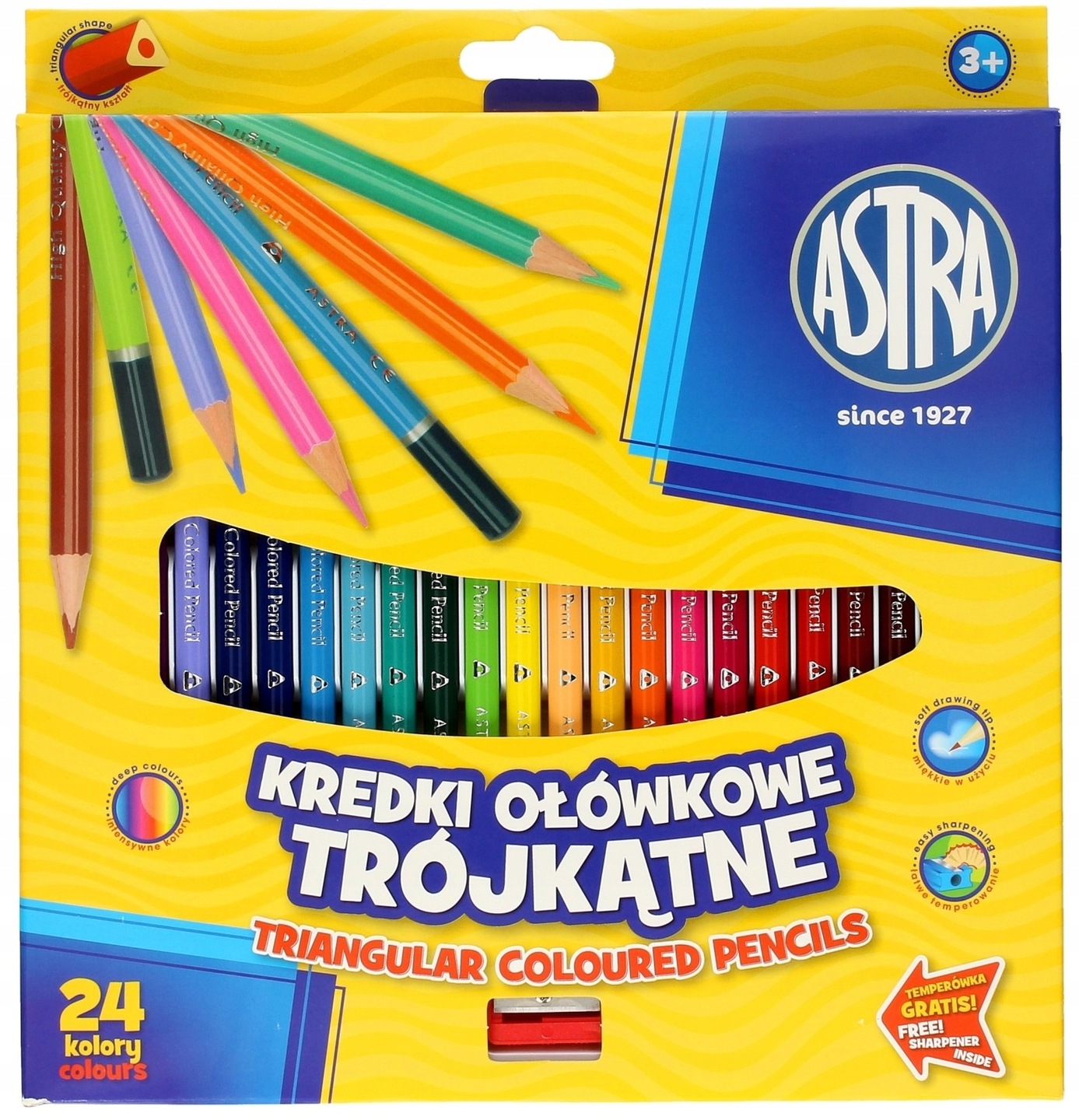 Kredki Ołówkowe Trójkątne 24 szt. Astra Szkolne Dla Dzieci + Temperówka 3+ Marka Astra