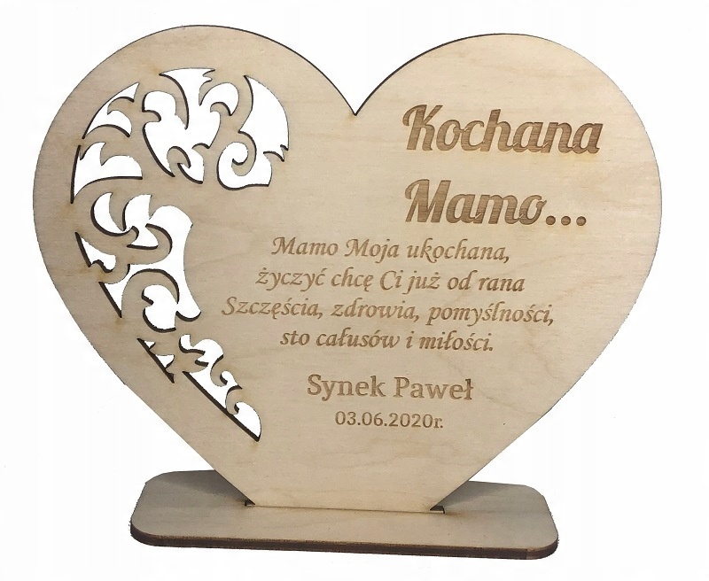 

Serce drewniane na podstawce życzenia Dzień Mamy