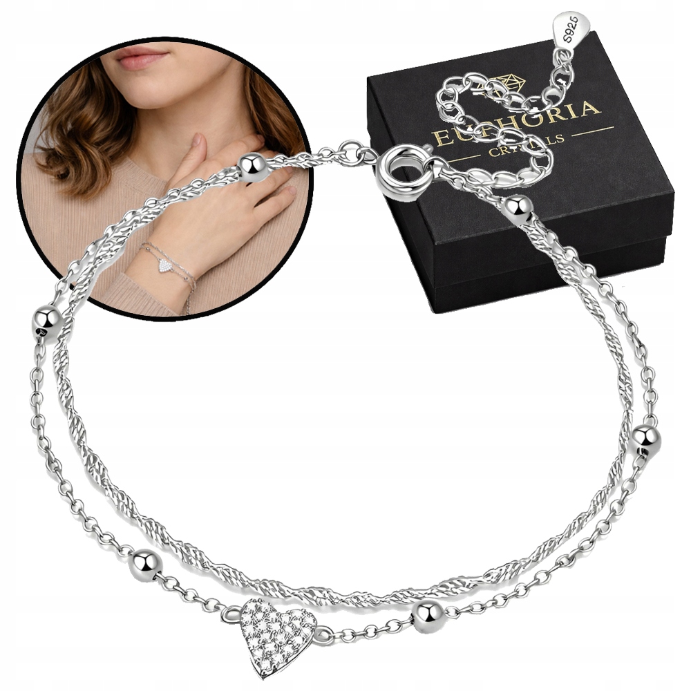 Bransoletka Srebrna 925 Serce Podwójny Łańcuszek