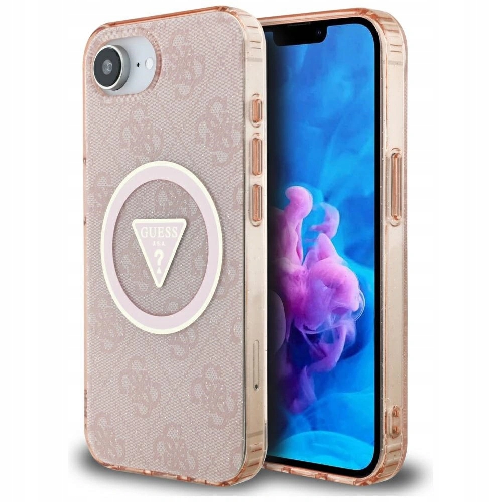 Pouzdro Guess Metal Glitter 4G Circle Triangle MagSafe pro iPhone 16e, růžové