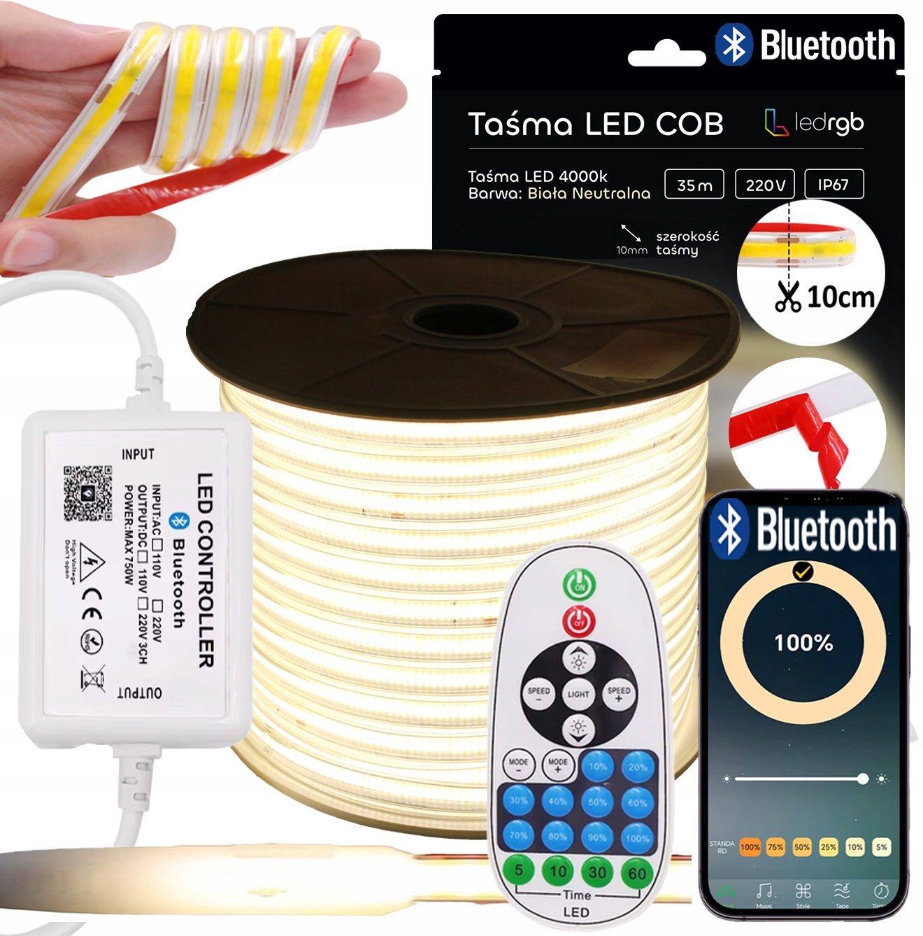 Zestaw Taśma Led Cob 35m 230V Biała Neutralna 4000K Cięta Co 10CM Bluetooth