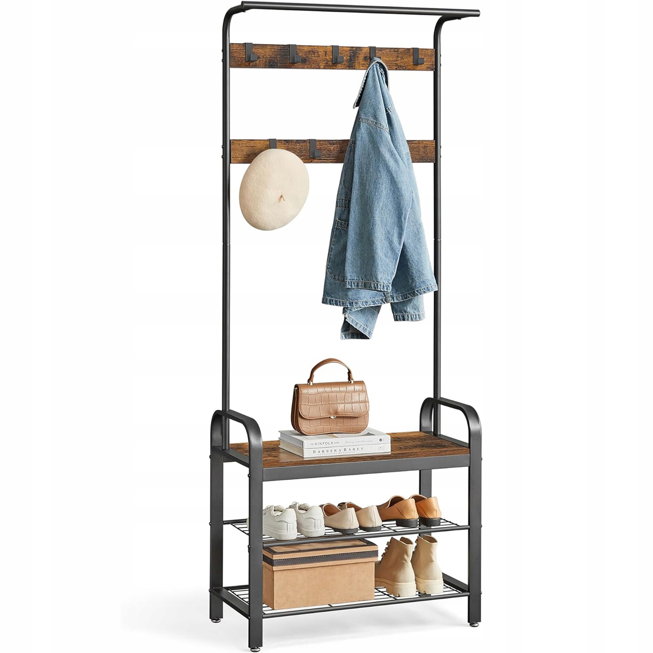 Vešiak na oblečenie s poličkami na topánky a sedadlom Vešiak na topánky voľne stojaci