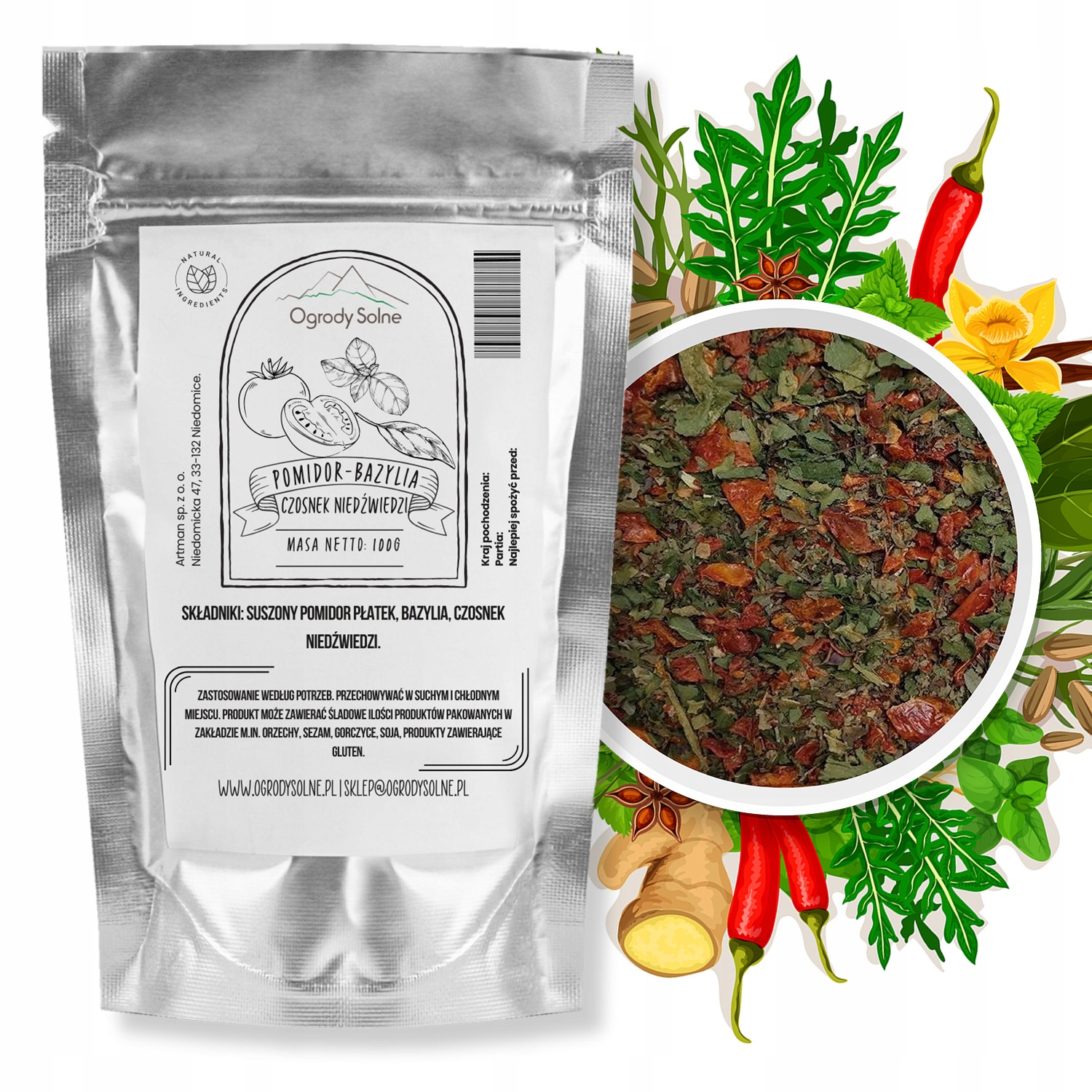 Levně 5 x Ogrody Solne Koření Rajče – bazalka – česnek medvědí 100 g