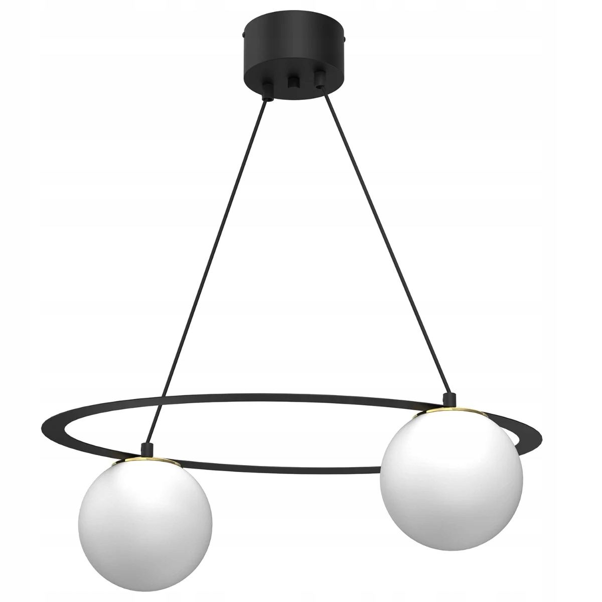 Závěsná lampa černá zlatá kulatá 2 skleněné bílé koule do obývacího pokoje Luminex
