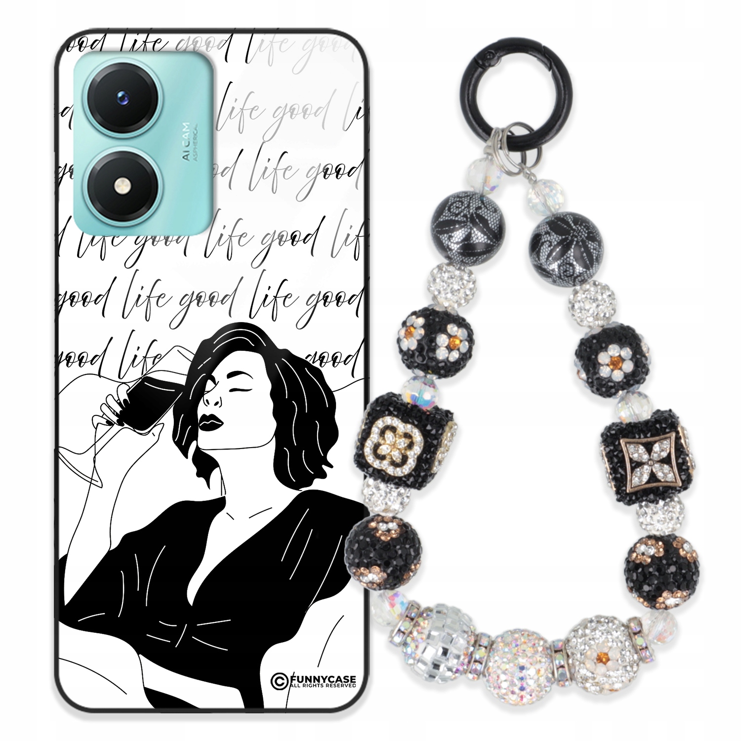 Puzdro Pre Vivo Y02s Glass Ženská Čierno-biela Kľúčenka Strieborná Zirkónový Vzor