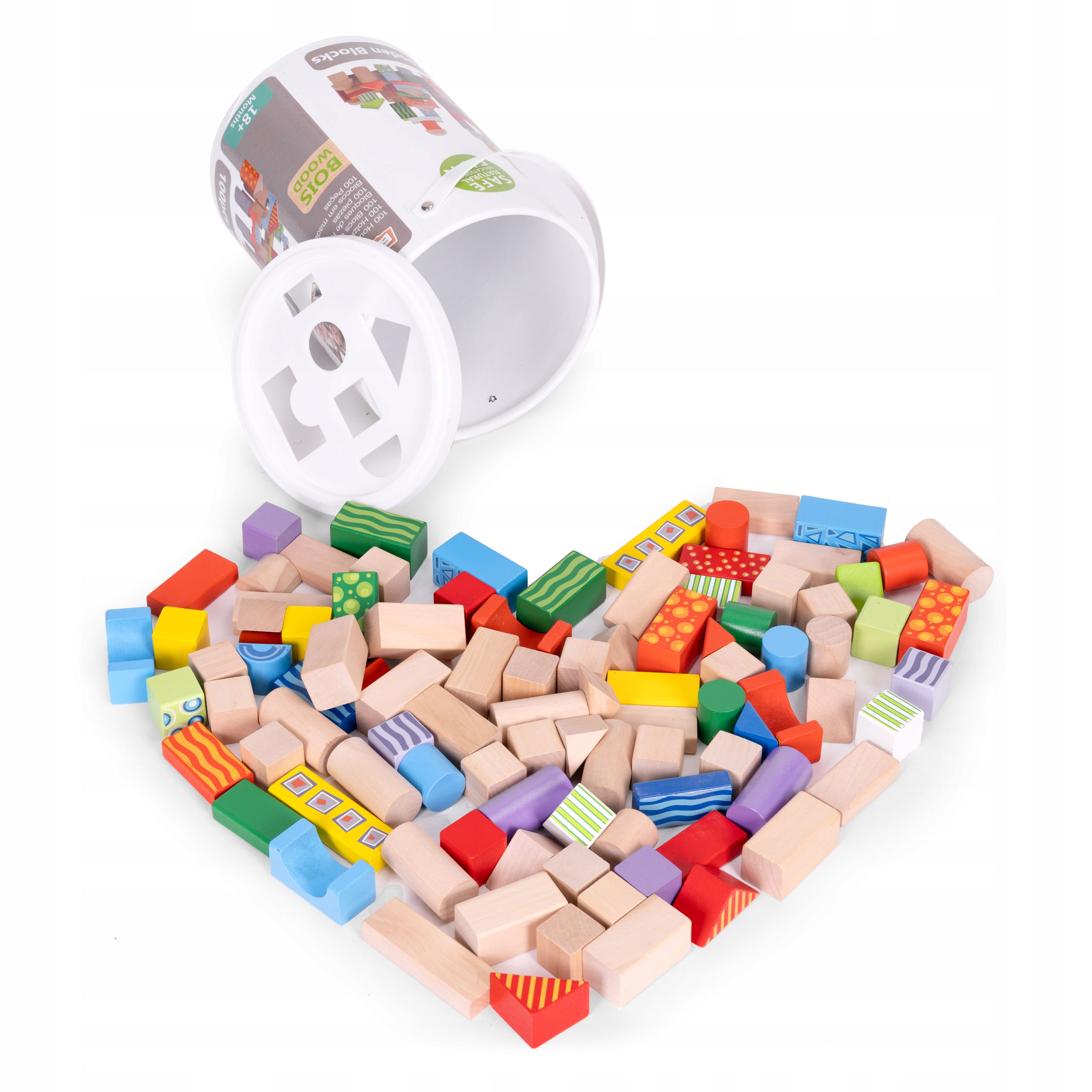 DREWNIANE KLOCKI 100 SZT WIADERKO SORTER KOLOROWE ECOTOYS Materiał drewno