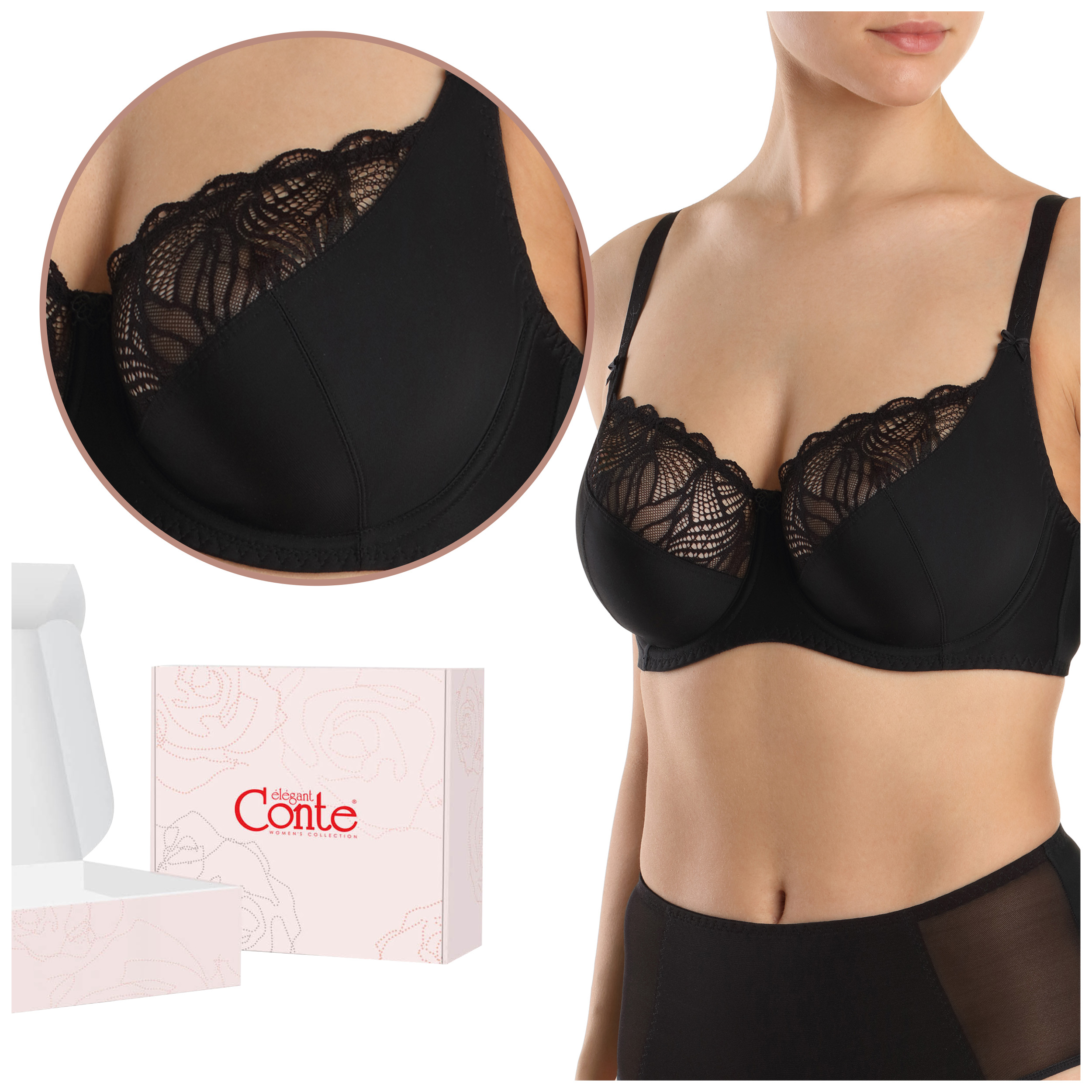 Biustonosz Miękki koronkowy stanik Soft z haftem Conte RB6097 czarny 80D