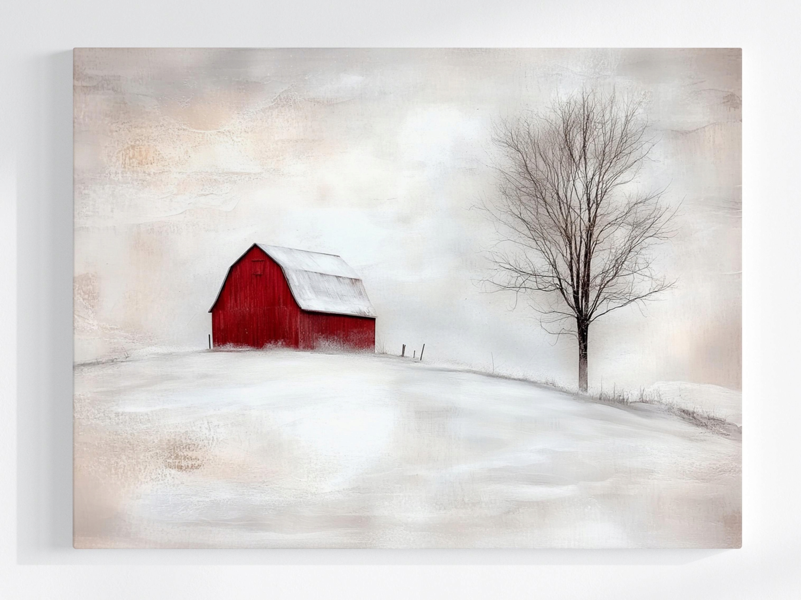 Obraz Na Plátně Canvas Pohled Na Strom Červená Stodola Zima Pustky 80x60
