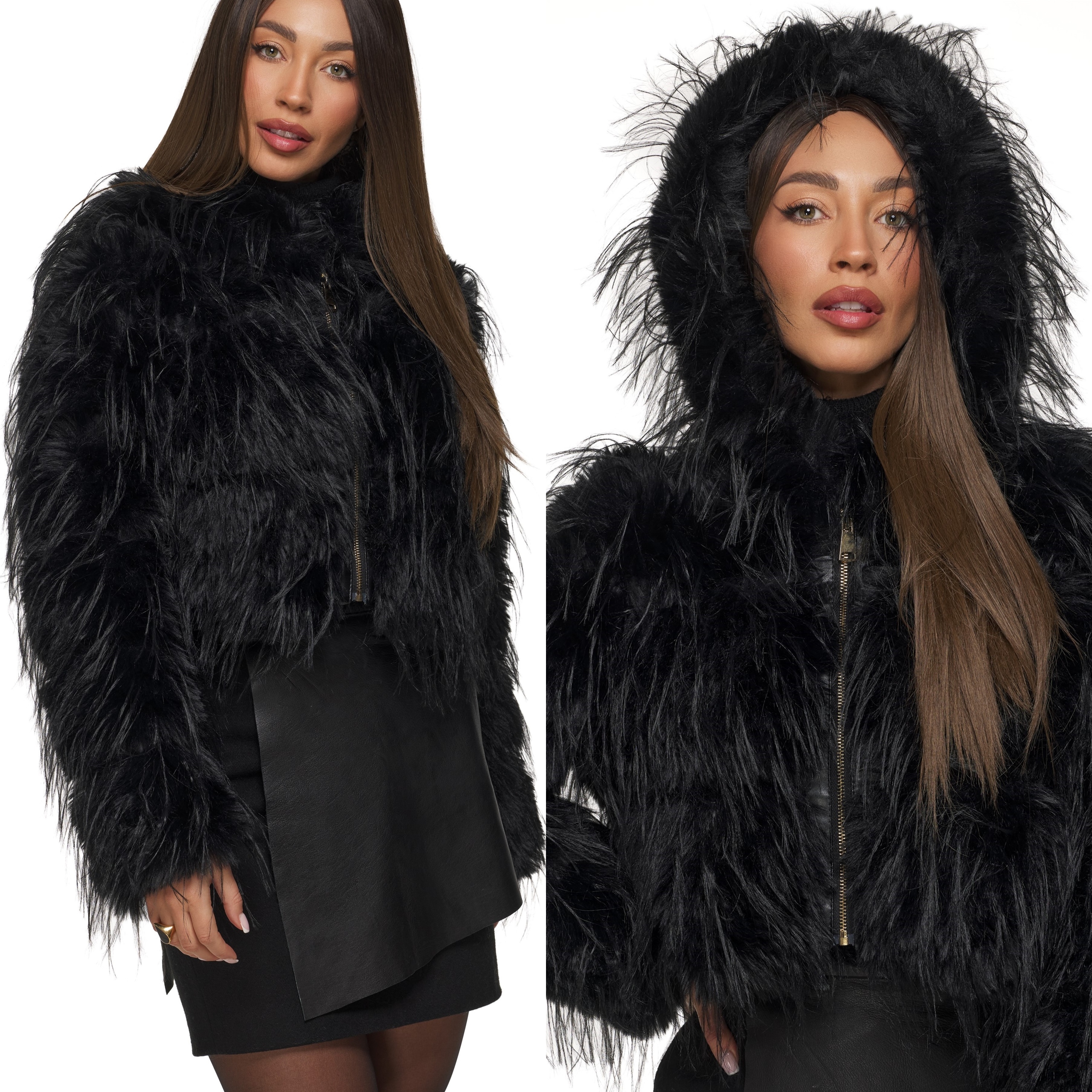Dámská zimní bunda s kapucí krátká kožešina kožíšek , černá, velikost S/m
