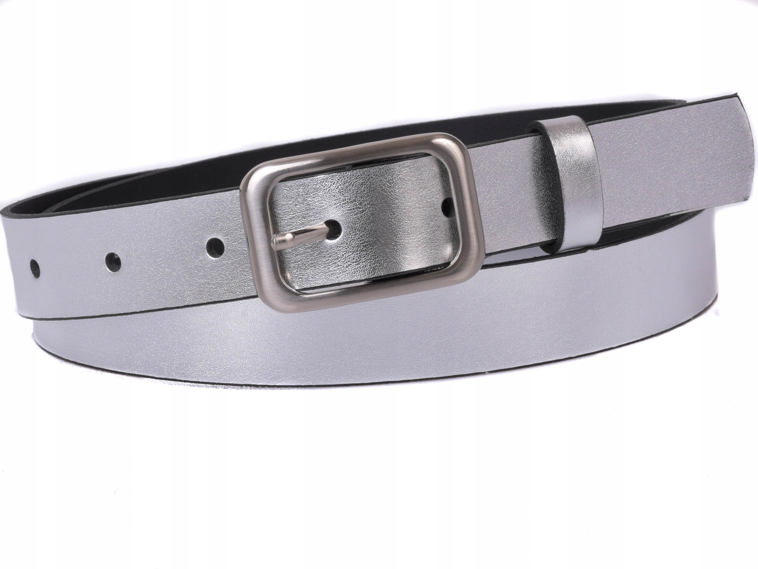 

Damski Skórzany pasek 3cm Srebrny |95obw