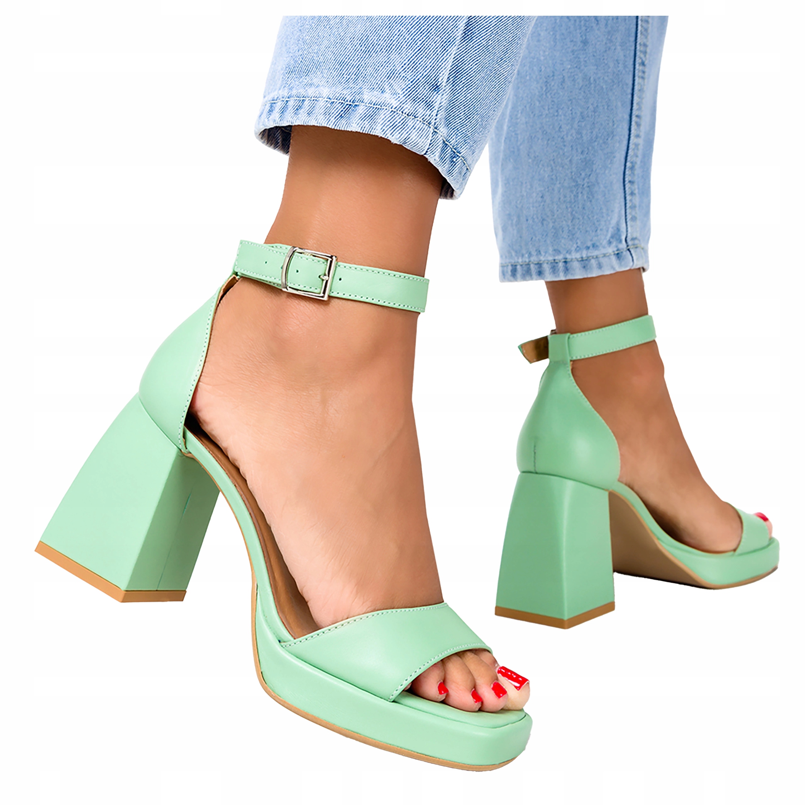 Dámské Sandály Mátové Na Podpatku Elegantní Polský Výrobek, velikost 39