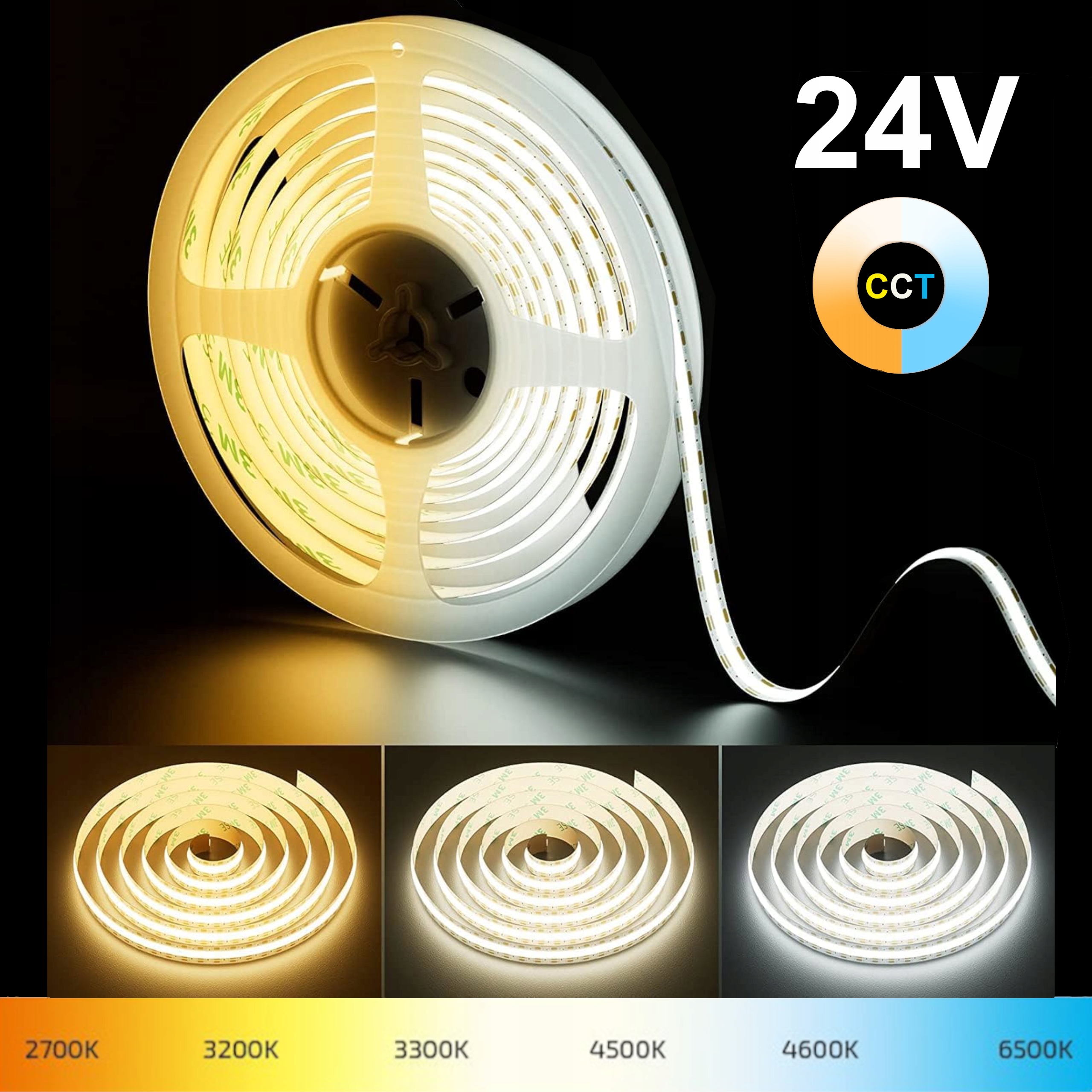 Taśma Led Cob Cct Ze Zmiennymi Kolorami 2700K-6500K 12W/m 24V IP20 5m