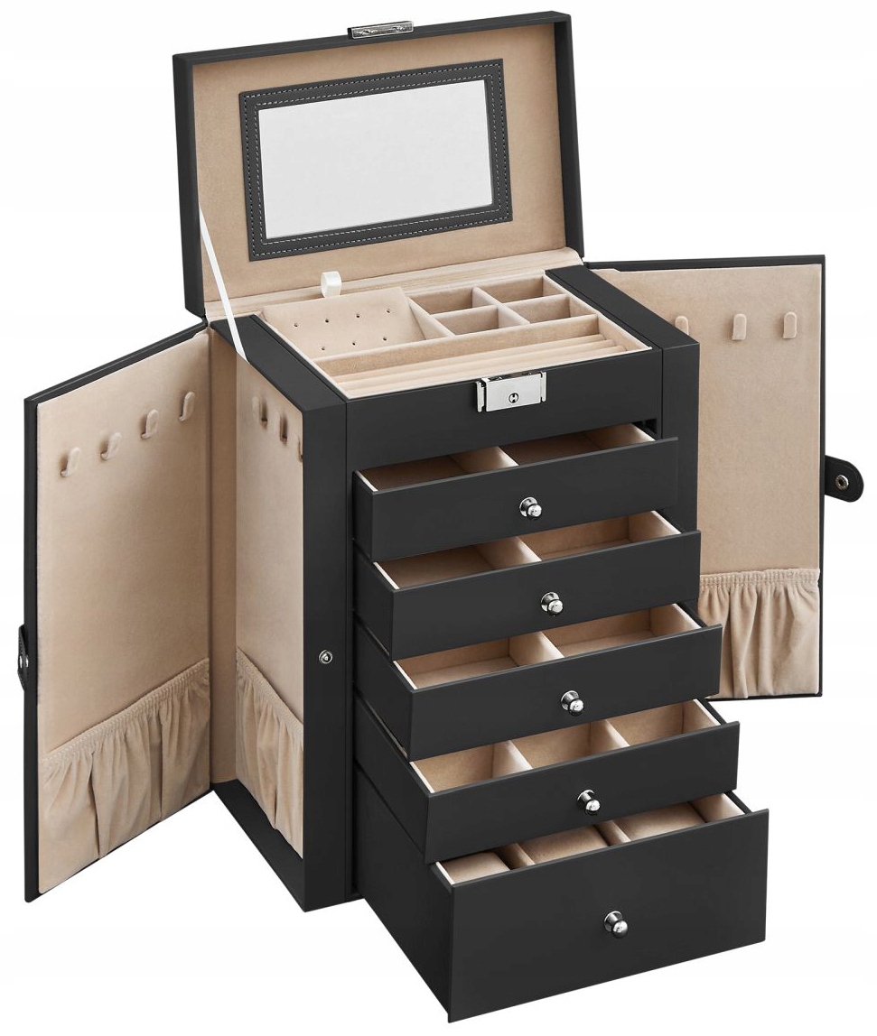 Čierny stojan na šperky s uzamykateľným kľúčom a zrkadlom