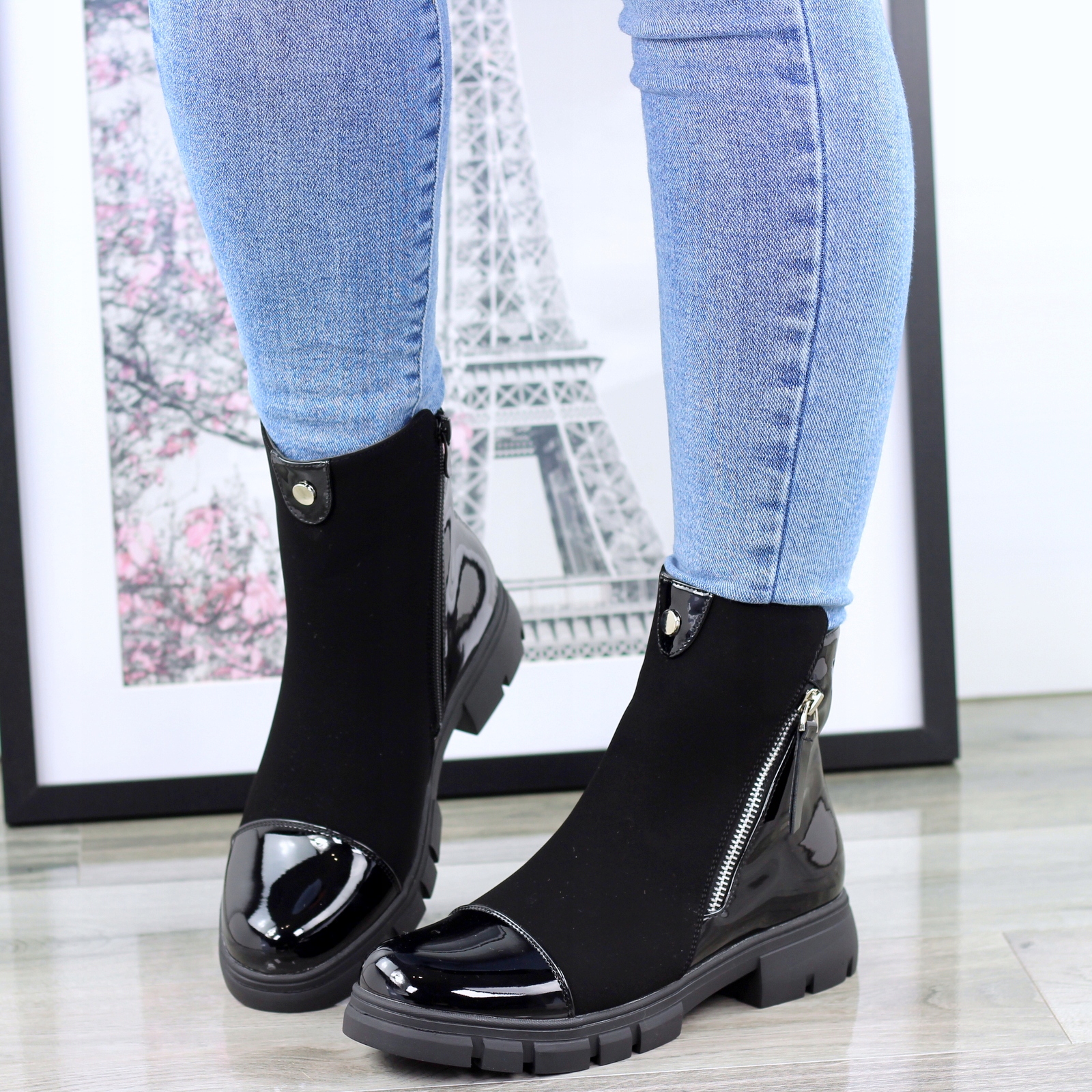 CZARNE DAMSKIE BOTKI OCIEPLANE BLOGERKI WORKERY NA GRUBEJ PODESZWIE 39 Rozmiar 39