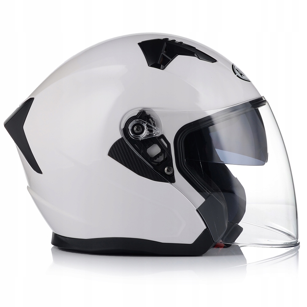 OTWARTY KASK MOTOCYKLOWY BIAŁY POŁYSK SKUTER CHOPPER + BLENDA + INTERKOM Rodzaj zapięcia mikrometryczne