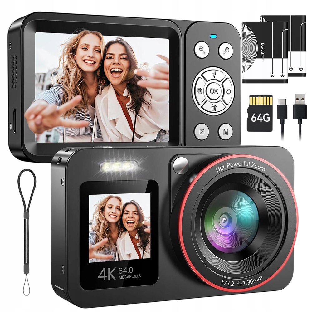 Digitální fotoaparát Hd Přenosný Fotografie 64MP Videa 4K 18x Zoom Anti Shake 64GB