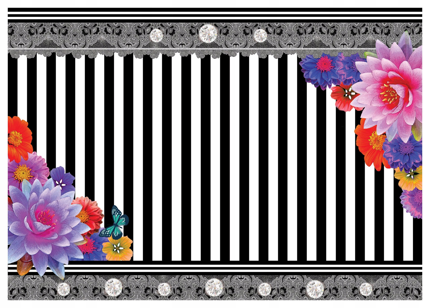 Fototapeta Květiny motýli pruhy krajka č-b vinylová 368x254 lepidlo