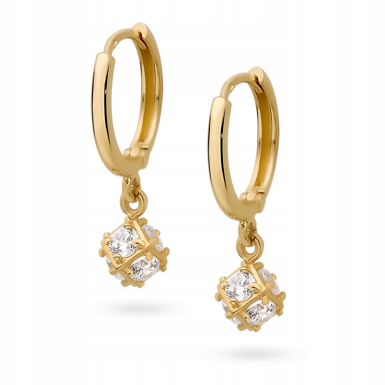 Złote kolczyki wiszące kostki z cyrkoniami 333 8k