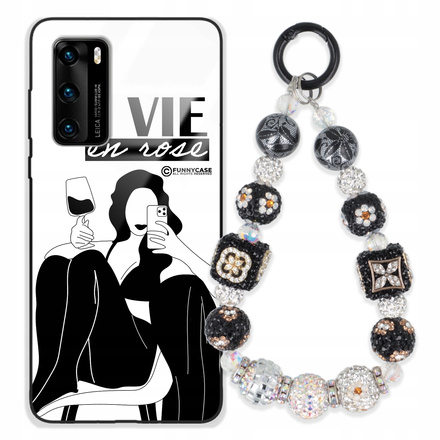 Pouzdro Pro Huawei P40 Skleněné, Černobílé Přívěsek Na Klíče Zirkony Wz