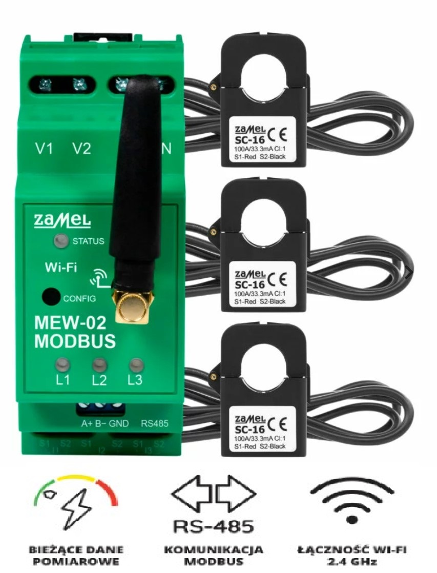 Monitor elektrické energie Supla MEW-02 Eth 3 x SC-16 100A ModBus RS-485