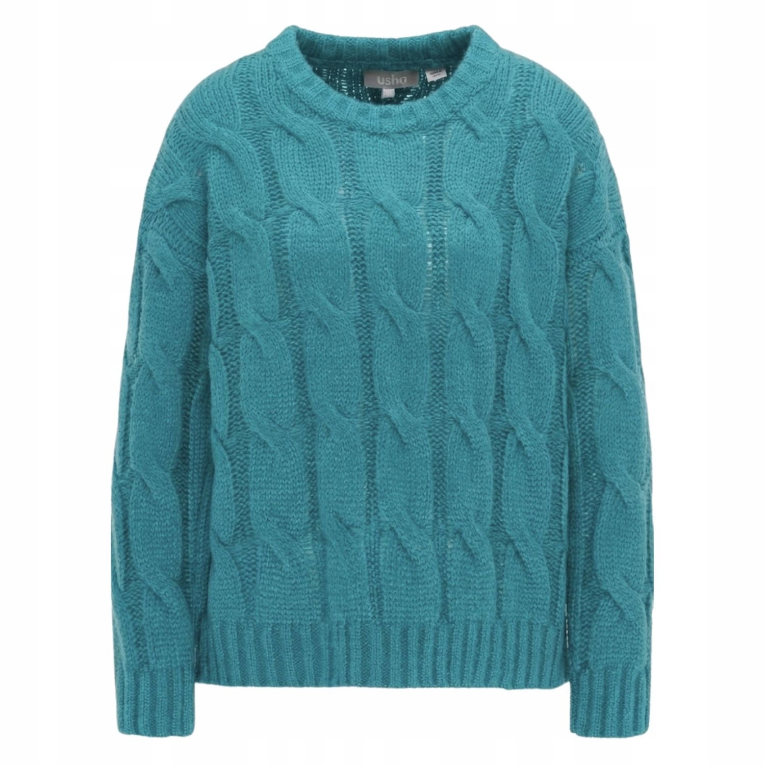 Dámský svetr Usha volný, měkký, tyrkysový s copánkovou vazbou vel. M/L