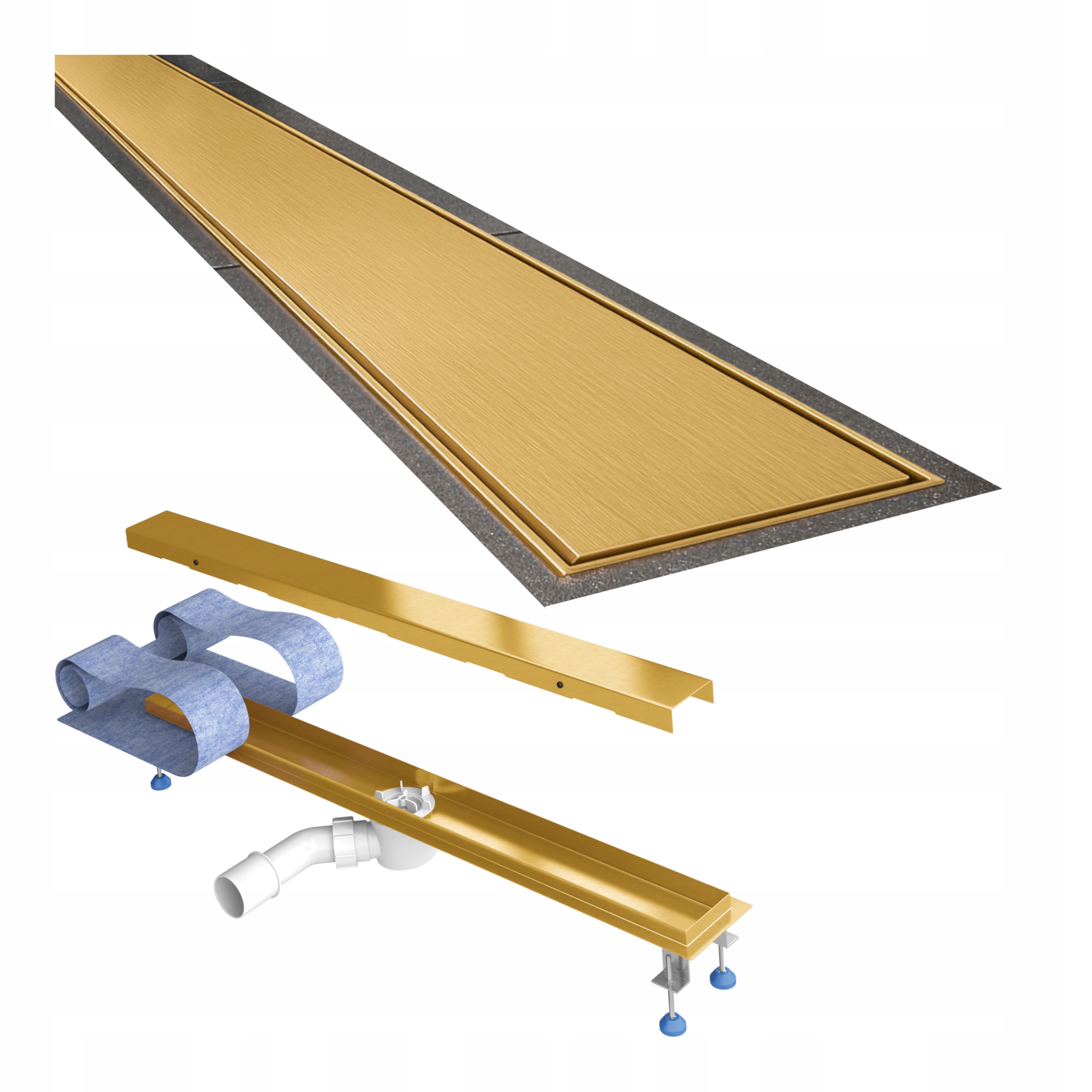 Lineární odtok 100 cm zlatý saténový otočný sifon McAlpine, sada Waterway