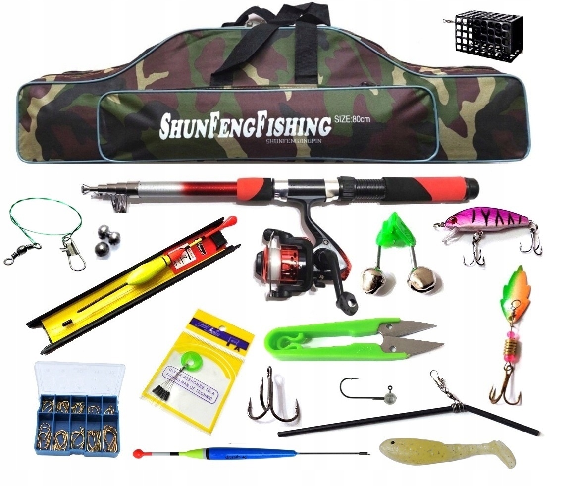 Zestaw wędkarski wędka kołowrotek pokrowiec plus akcesoria plus 60 haczyków