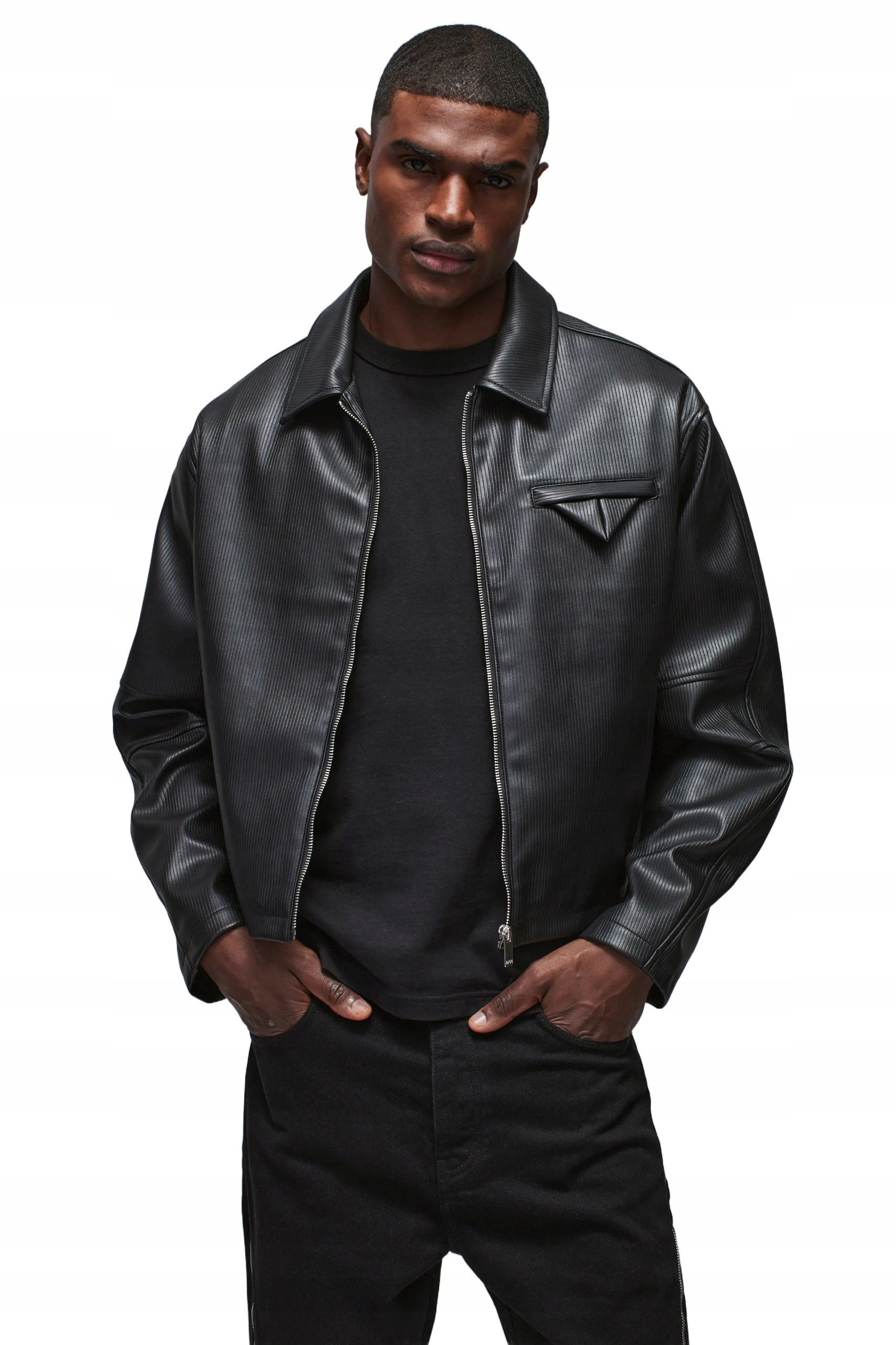 Boohooman Černá Pánská Bunda Ramoneska S Pruhovanou Texturou L Z3A