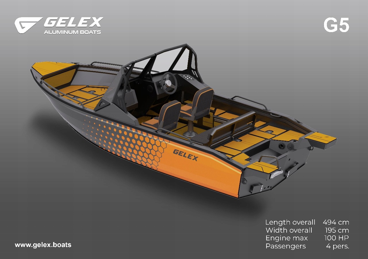Łódź aluminiowa Gelex G5 Z pełnym wyposażeniem konsola siedziska dodatki