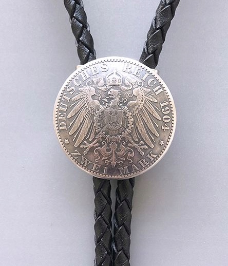 Bolo mince 27 mm stříbrný orel 2 značky 1904 kravata western pletená kůže