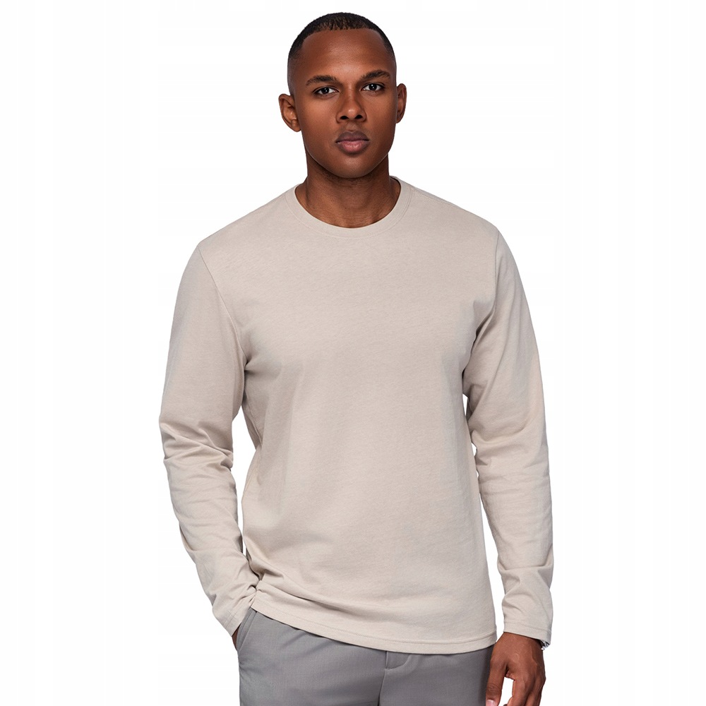 Bavlněný pánský longsleeve Basic béžový, pohodlný Ombre OM-LSBL-0142 XL