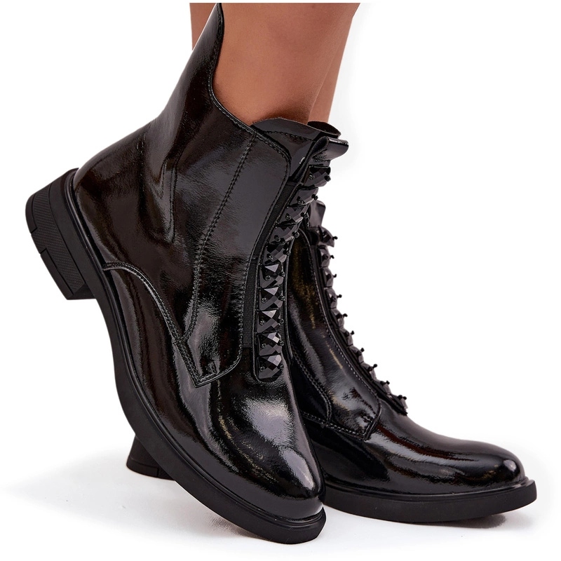 Dámské Kotníkové Boty Lakované Přírodní Kůží Se Zipem D&a MR52-108 Černé 39