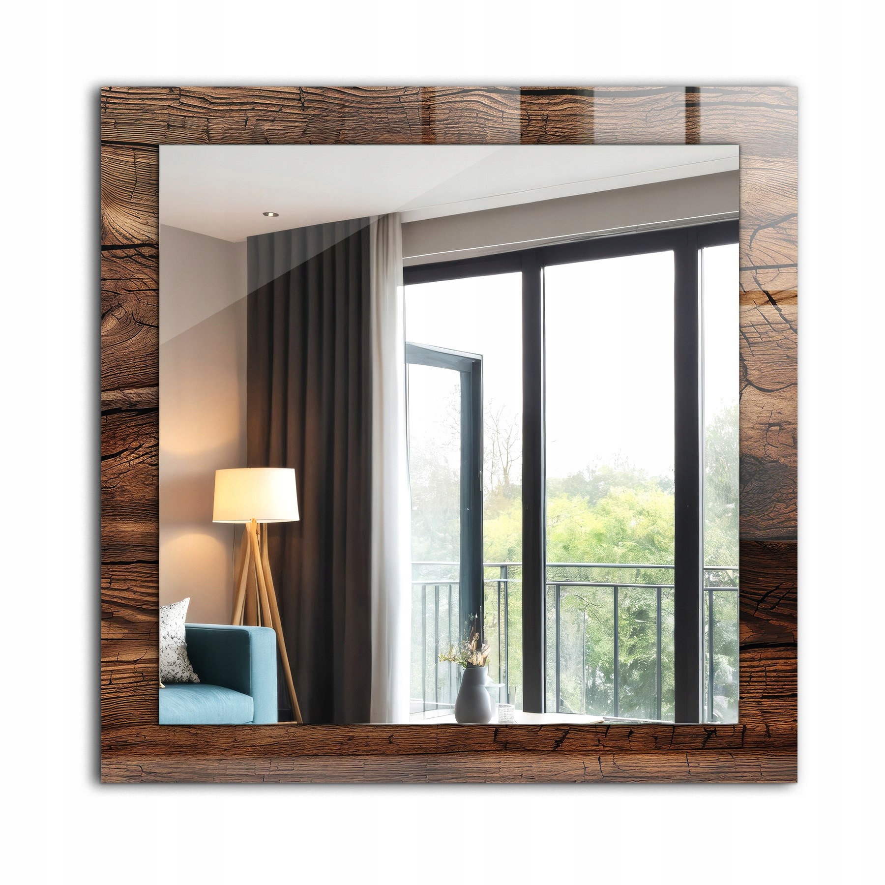 Dekorativní designové zrcadlo závěsné loftová deska s dřevěnou texturou 60x60