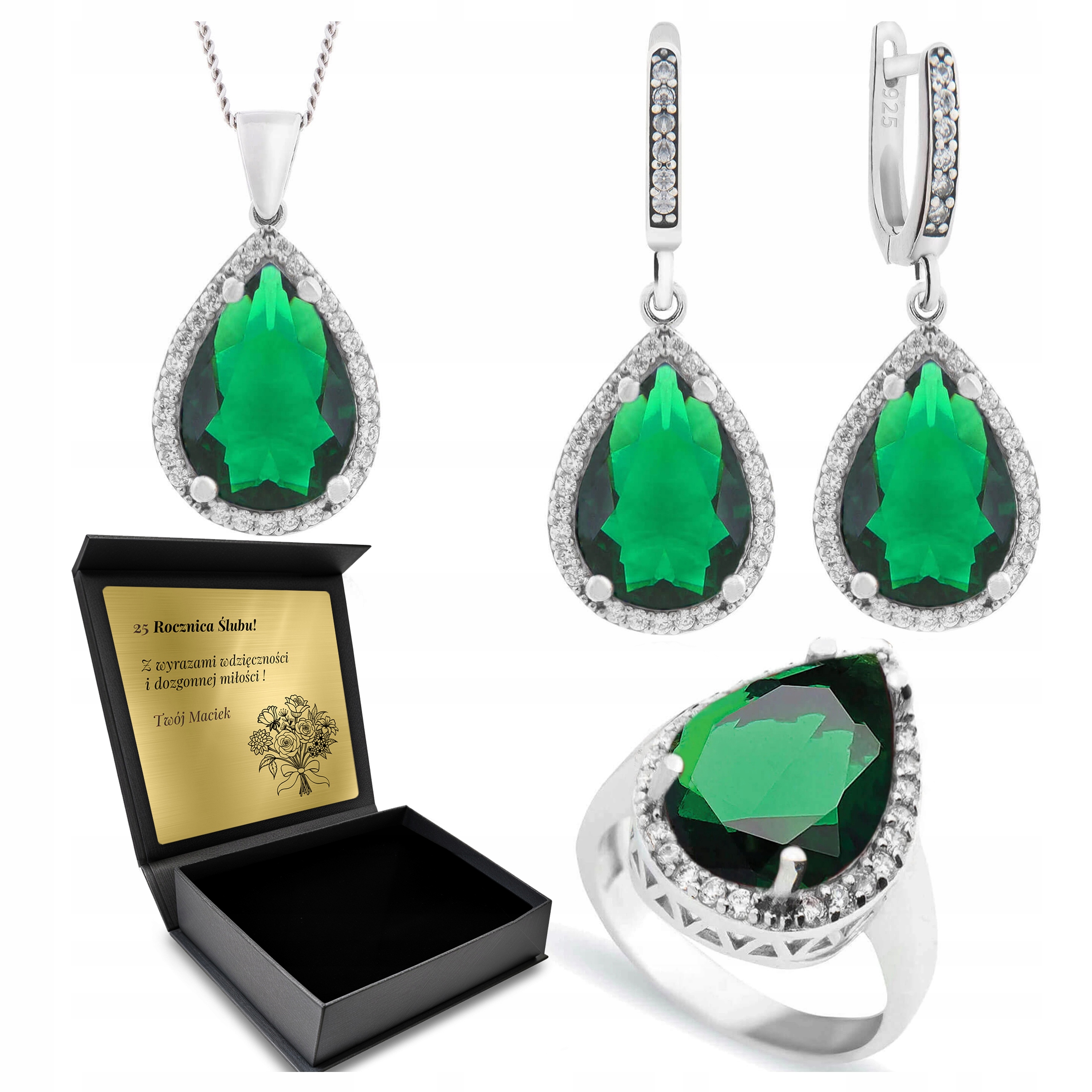 Komplet Stříbrných Šperků 925 Zirkony Smaragd Dárek pro ženu Gravírování