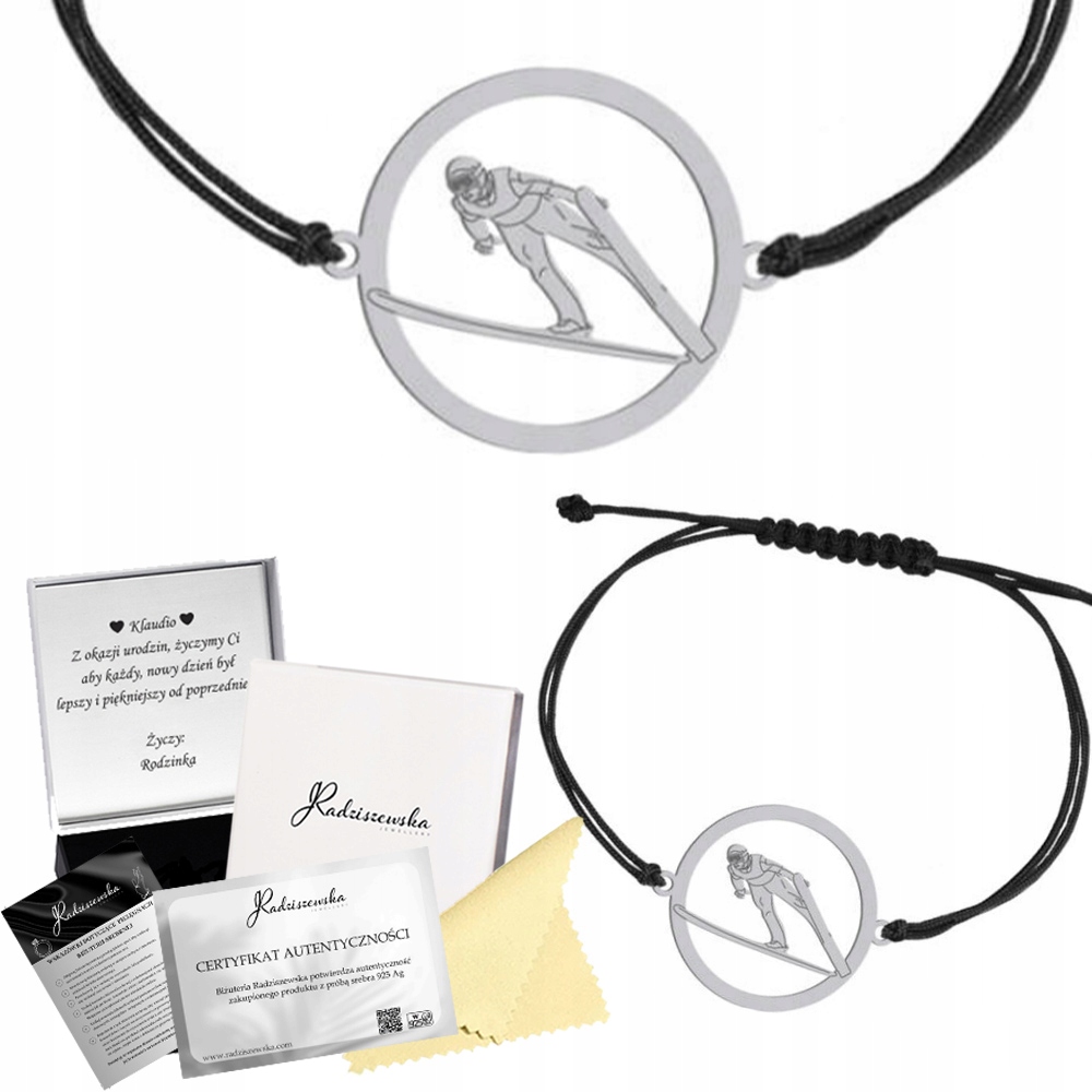 Stříbrný Náramek Skoky Na Lyžích Skokan Šňůrka 925 Dárek Gravírování