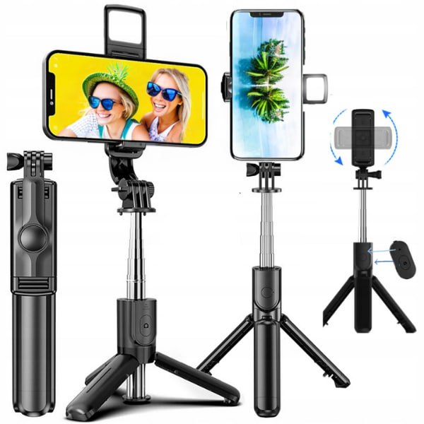 SELFIE STICK KIJEK TRIPOD STATYW + PILOT BLUETOOTH + LAMPA LED PREMIUM 63CM Mocowanie regulowany uchwyt