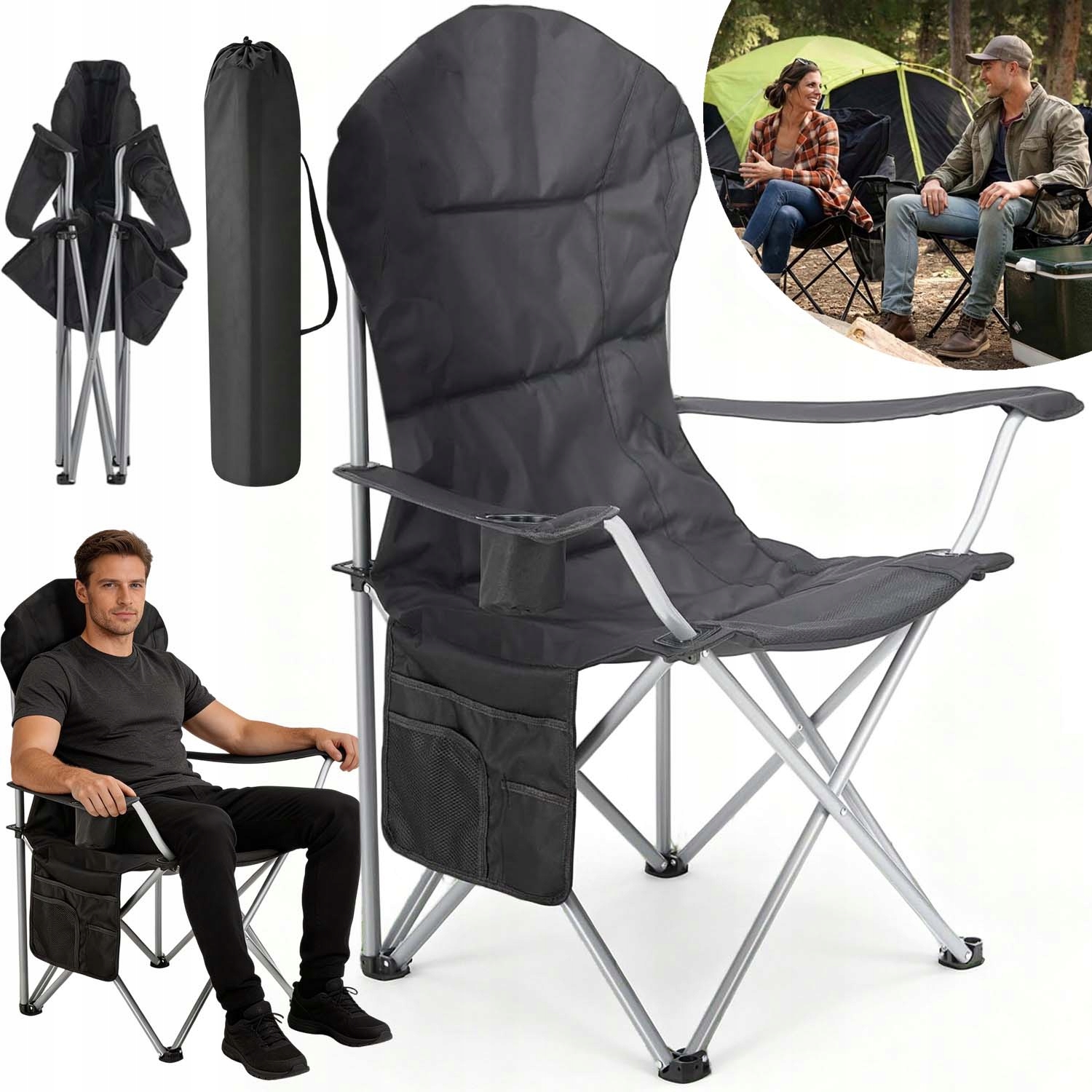 Turistické Skládací Křeslo Stolička S Opěradlem Pro Rybáře Černá