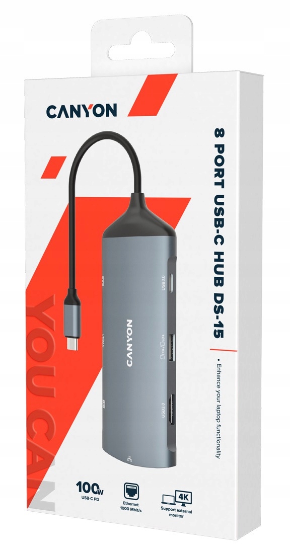 CANYON HUB DS-15 8 w 1  4k USB-C Szary — 4