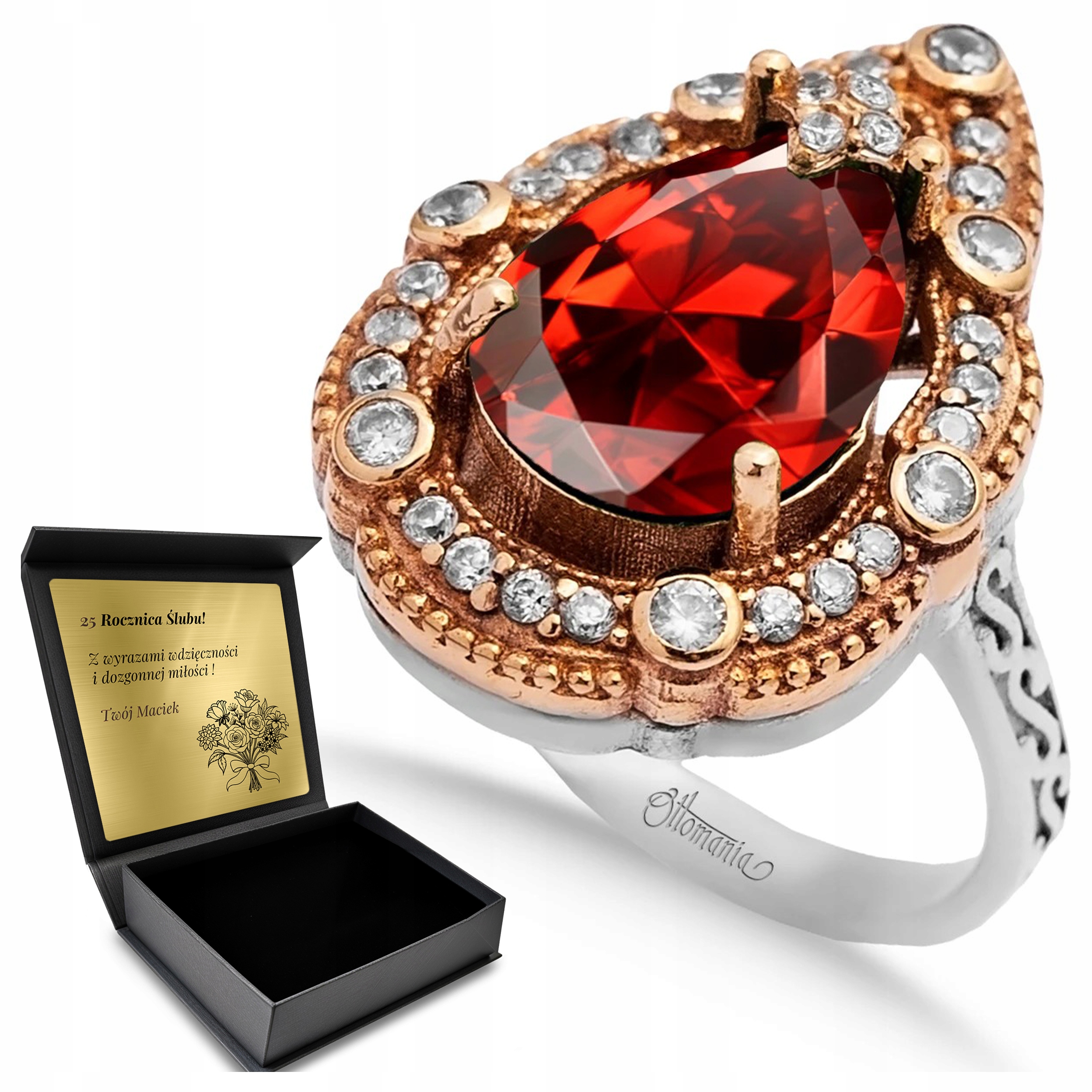 Prstýnek Zirkony Granátový Dárek pro ženu Gravírování Bonus