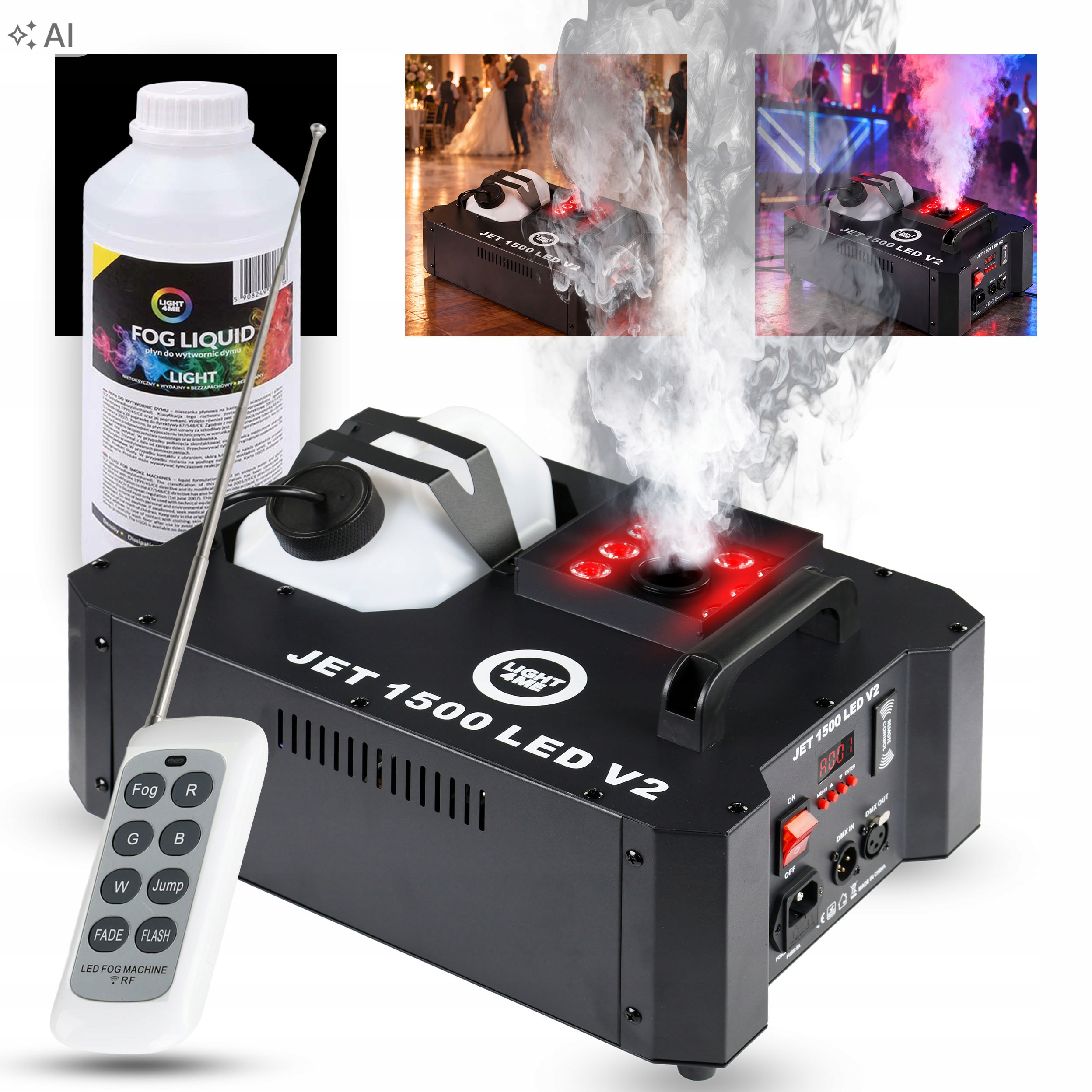 Výrobník Vertikálního Kouře LIGHT4ME Jet 1500W DMX Rgb Led Dálkové Ovládání Kapalina