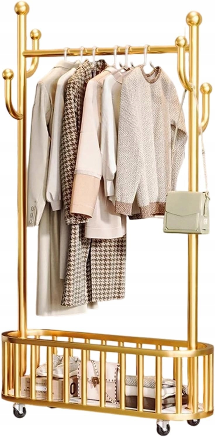 Levně Přenosný věšák na oblečení s úložným košem, kovový stojan na kabáty s kolečky a háčky