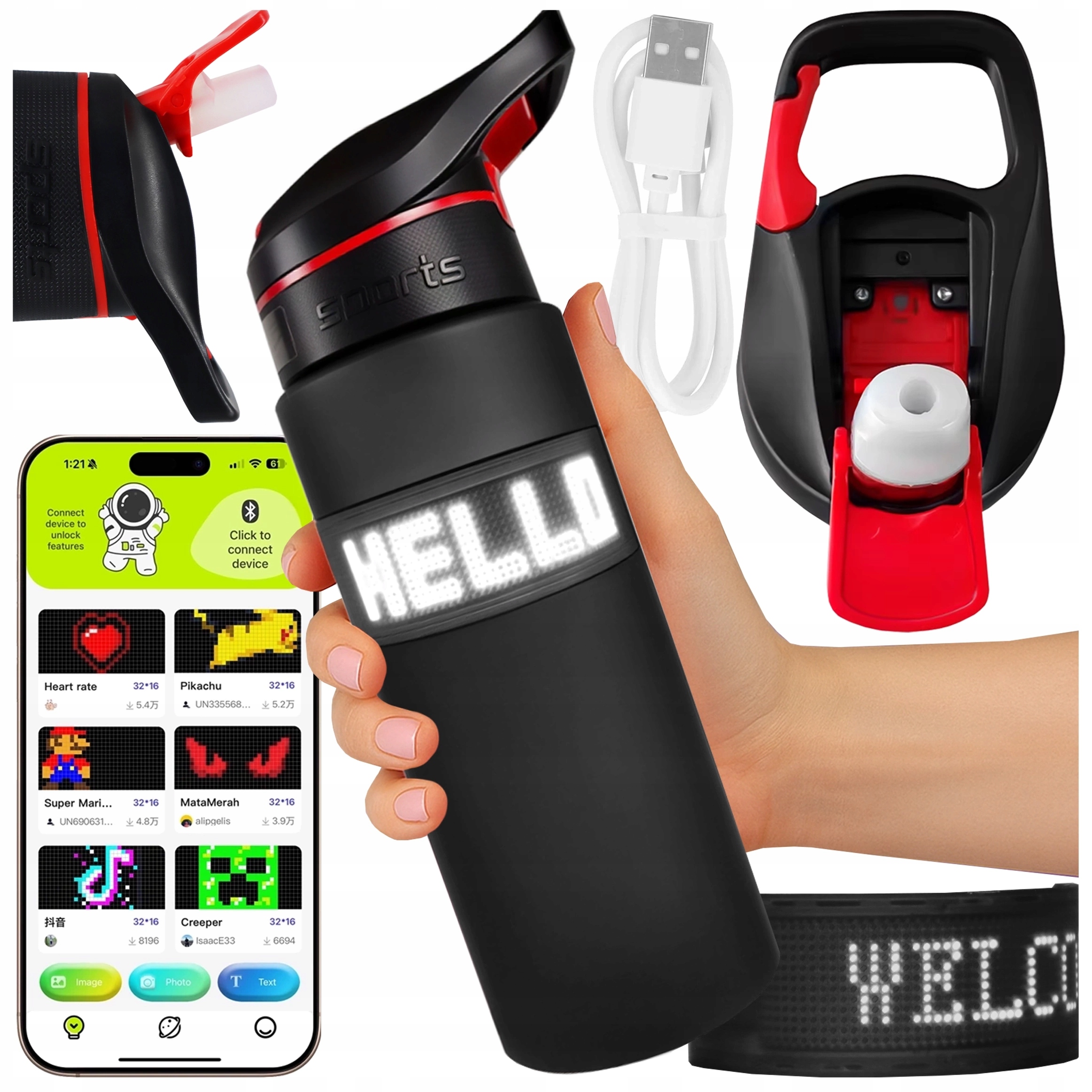 Butelka Bidon na Wodę Led Inteligentna Bluetooth Motywacyjna Słomka 800ml