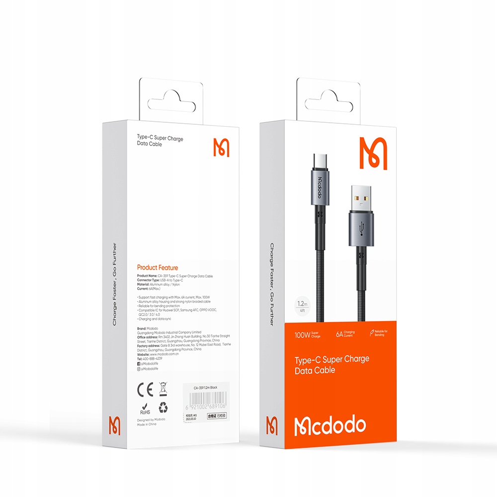 MCDODO KABEL USB-C SZYBKIE ŁADOWANIE DO SAMSUNG XIAOMI USB TYP C 6A 100W 2M Stan opakowania oryginalne