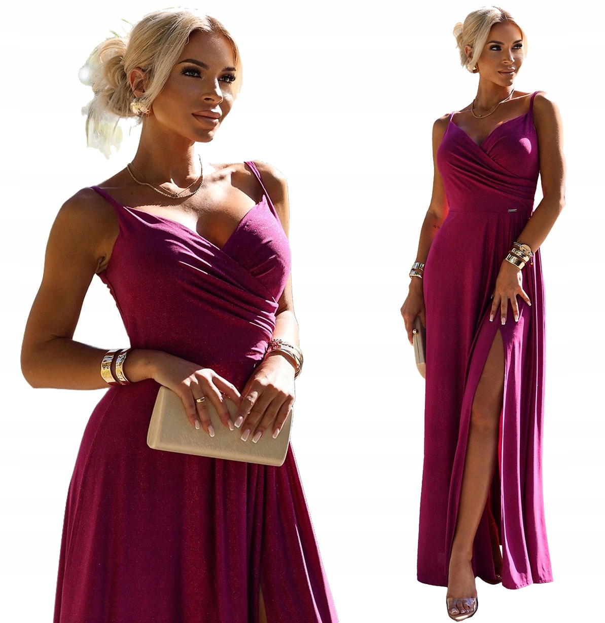 Elegantní Šaty Na Ramínka, Ples, Svatební Hostina, Fuchsie Se Třpytkami, Velikost M