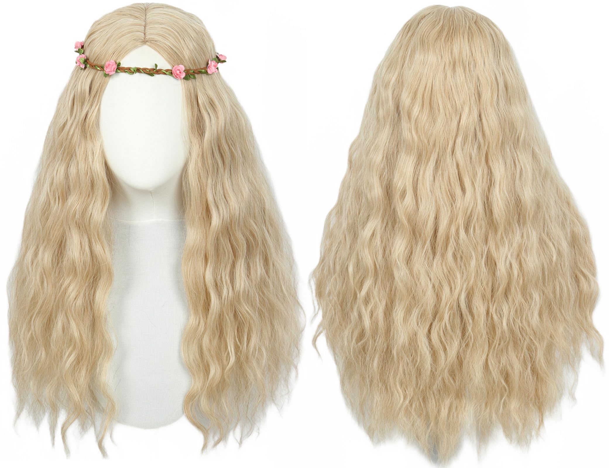 Linfairy Dlouhá vlnitá paruka Hippie s květinovou korunou na Halloween