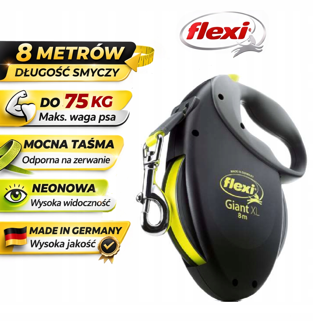 Flexi Smycz Automatyczna Giant XL Taśma Neon 8m, Psy Do 75kg