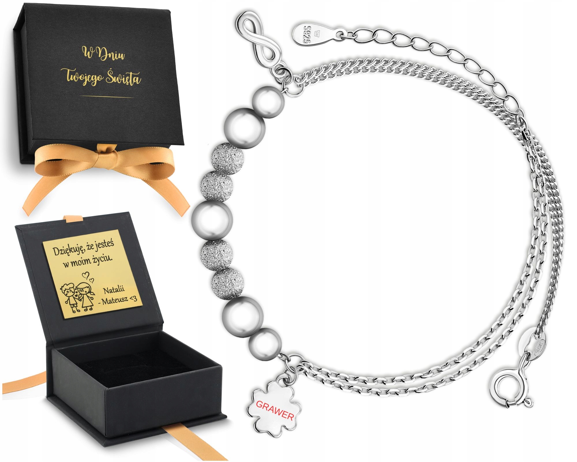 Dámský Náramek S Korálky Čtyřlístek S Gravírováním Beads Charms 925