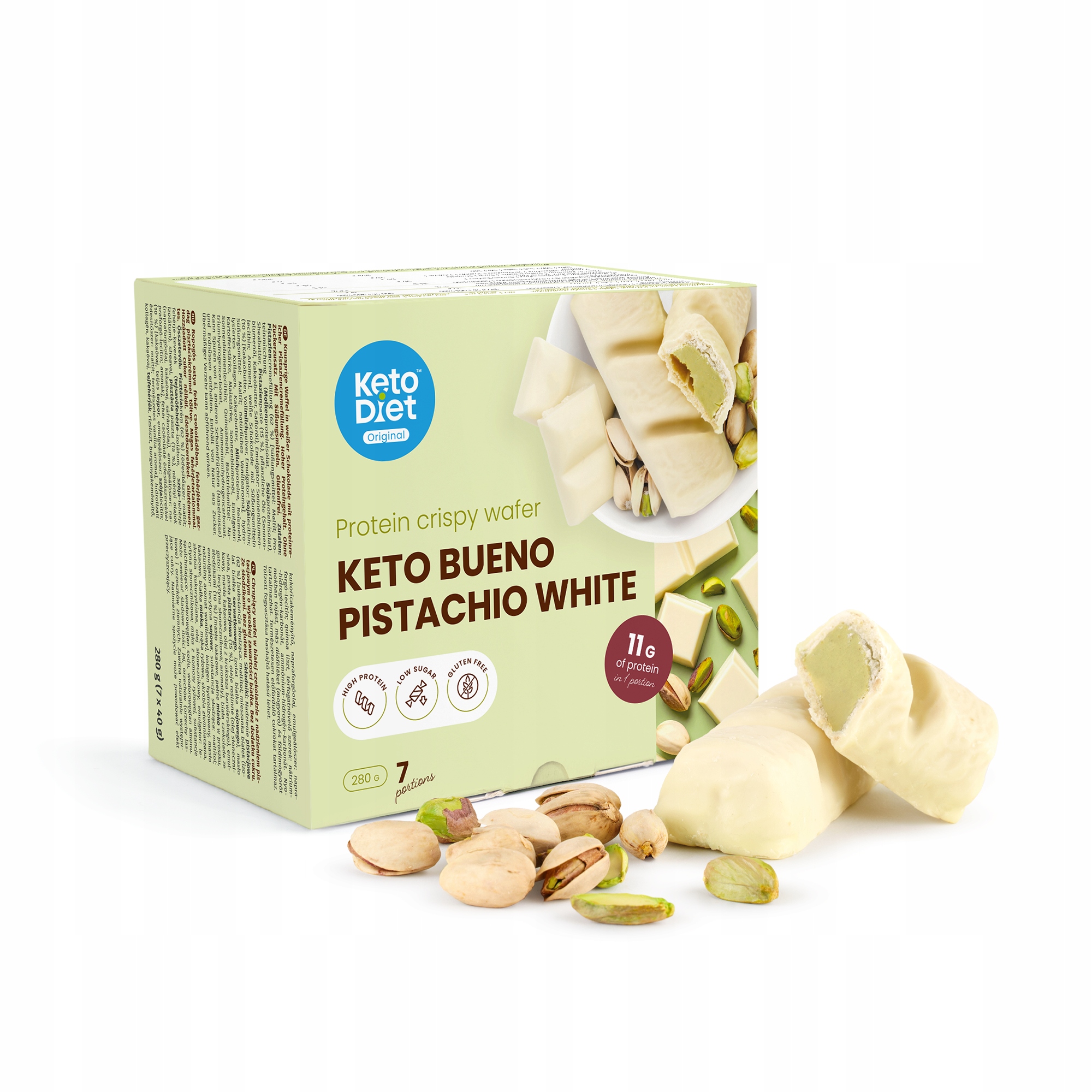 Proteinové křupavé oplatky Keto Bueno Pistachio White (7 porcí)